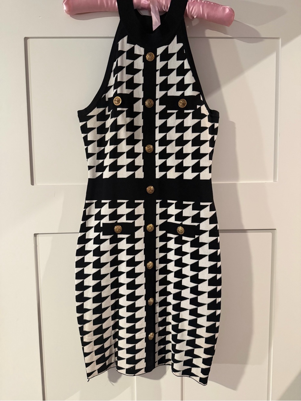 Black & White Houndstooth Halter Dress with Gold Buttons by Moocci
